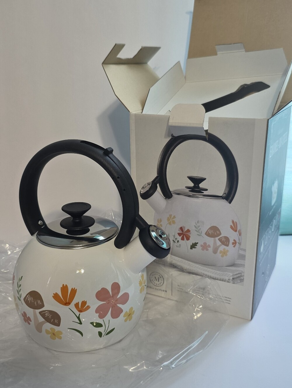 Martha Stewart White Tea Kettle with Black Handle and Floral Mushroom Accents - Picture 4 of 7
